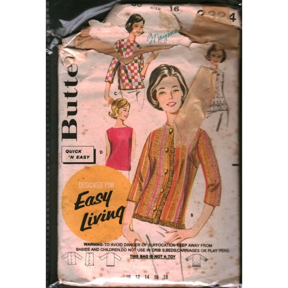 Vintage‎ 1960s Butterick 2324 Sewing Pattern Misses Overblouse Size 16 Bust 36